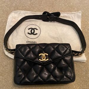 Chanel black quilted leather chained waist bag